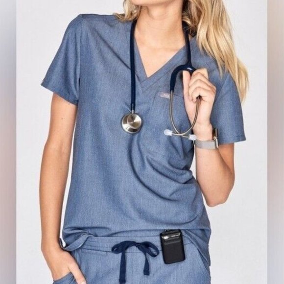 Figs Catarina One Pocket Scrub Top Heathered Denim Limited Edition - Picture 1 of 5